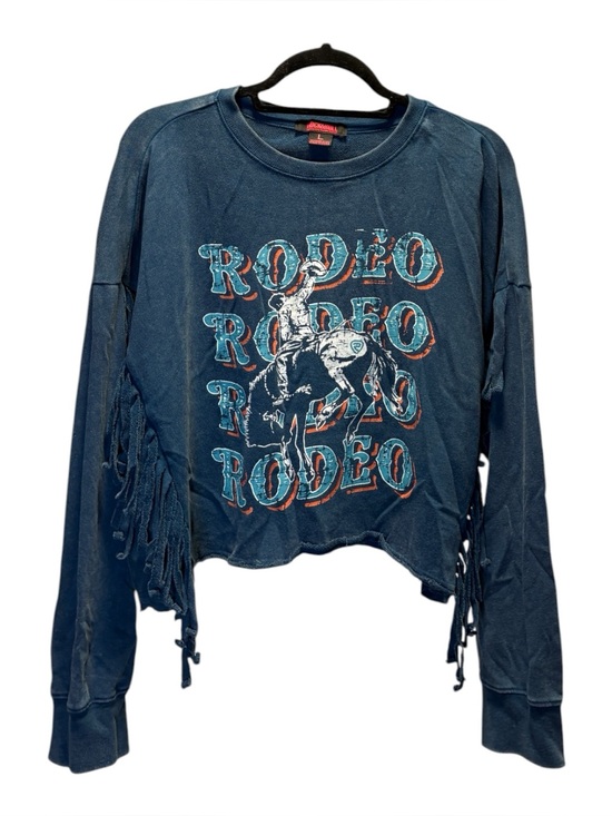 Rock & Roll Denim Tops - Women's Blue Rodeo Graphic Fringe Crop Top